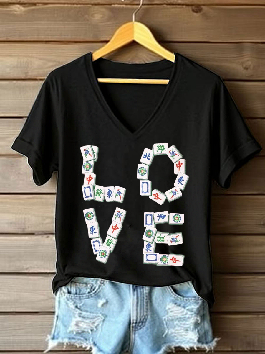 Frauen Liebe Mahjong V-Ausschnitt T-Shirts