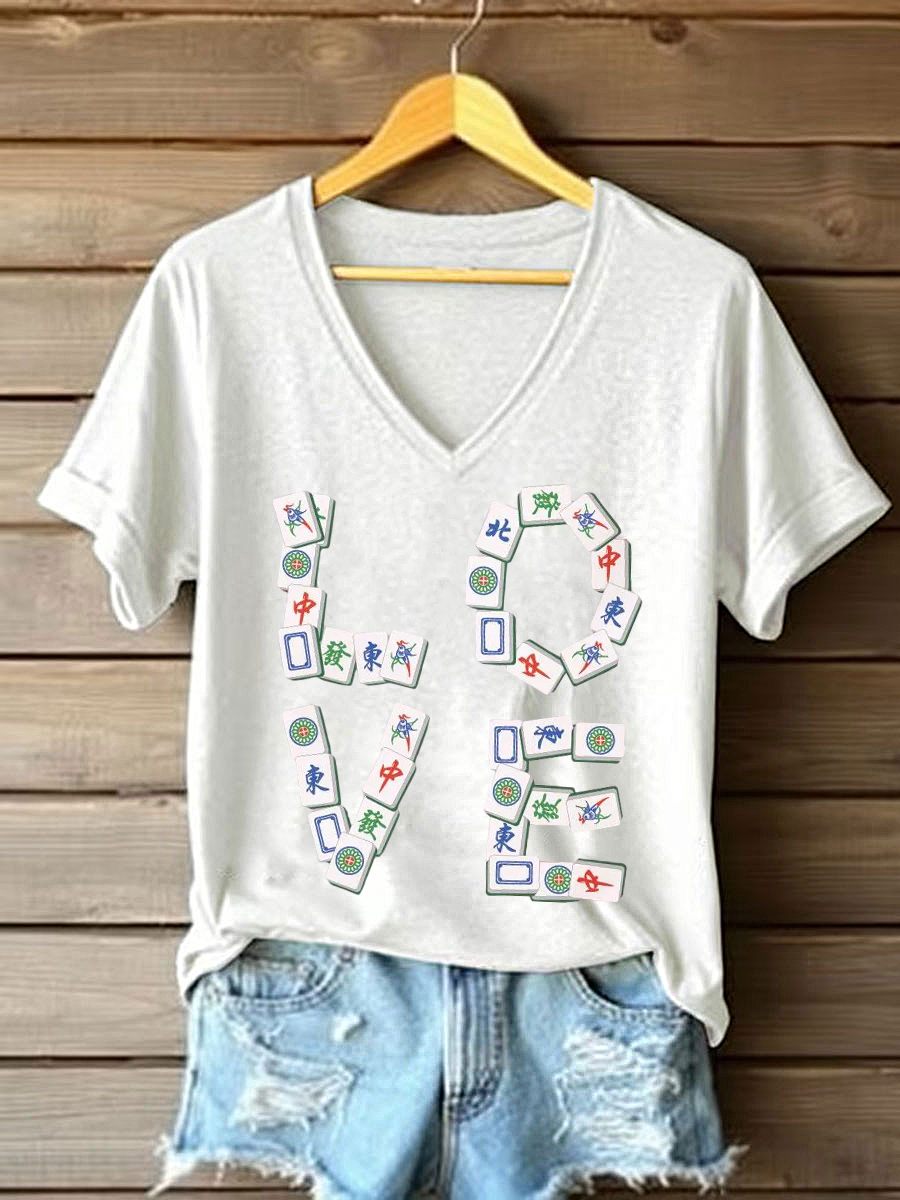 Frauen Liebe Mahjong V-Ausschnitt T-Shirts