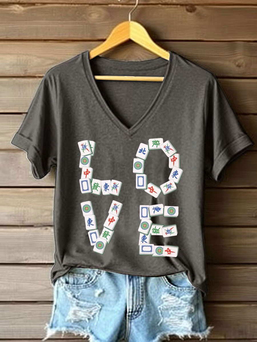 Frauen Liebe Mahjong V-Ausschnitt T-Shirts