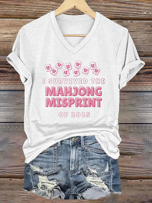Frauen Ich habe den Mahjong-Fehl abdruck von 2025 Print T-Shirt überlebt