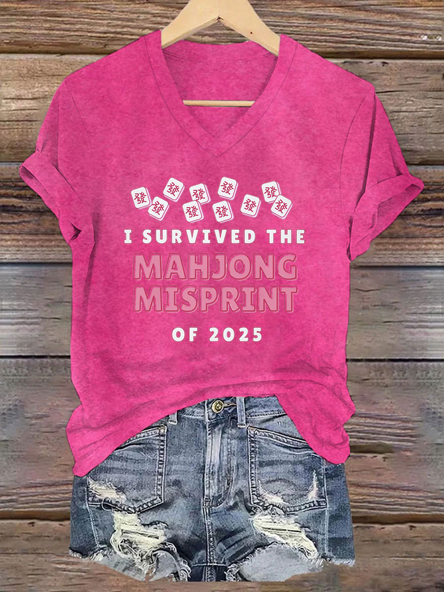 Frauen Ich habe den Mahjong-Fehl abdruck von 2025 Print T-Shirt überlebt