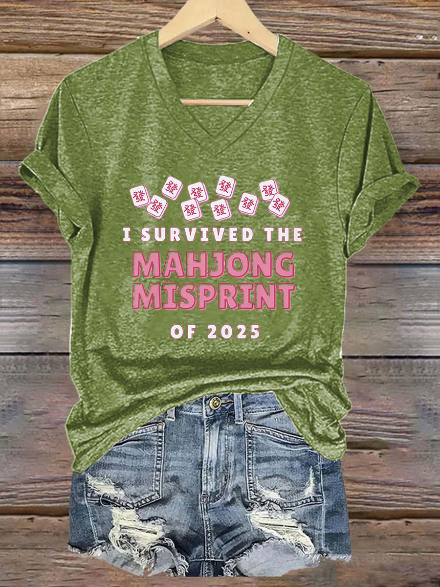 Frauen Ich habe den Mahjong-Fehl abdruck von 2025 Print T-Shirt überlebt