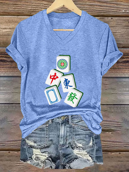 Frauen Es ist Mahjong-Zeit T-Shirt mit V-Ausschnitt