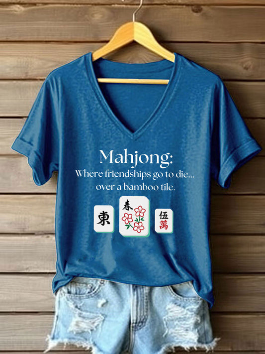 Frauen lustige Mahjong Print T-Shirt