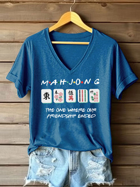 Frauen lustige Mahjong Print T-Shirt
