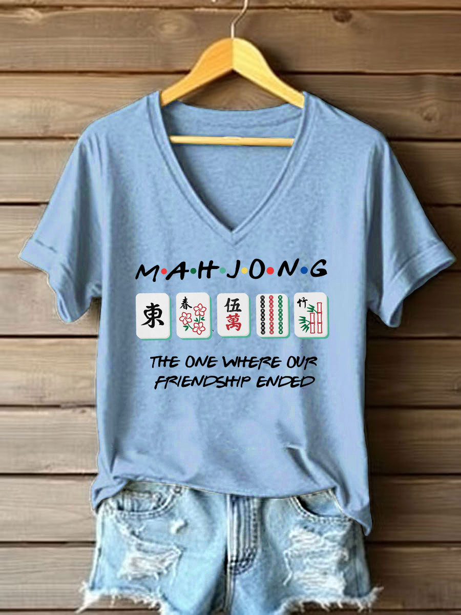 Frauen lustige Mahjong Print T-Shirt