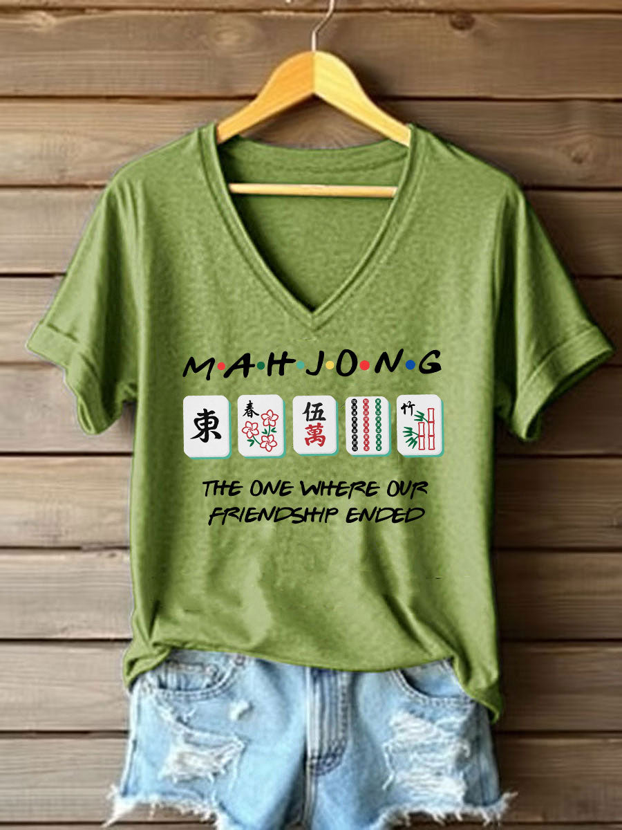Frauen lustige Mahjong Print T-Shirt