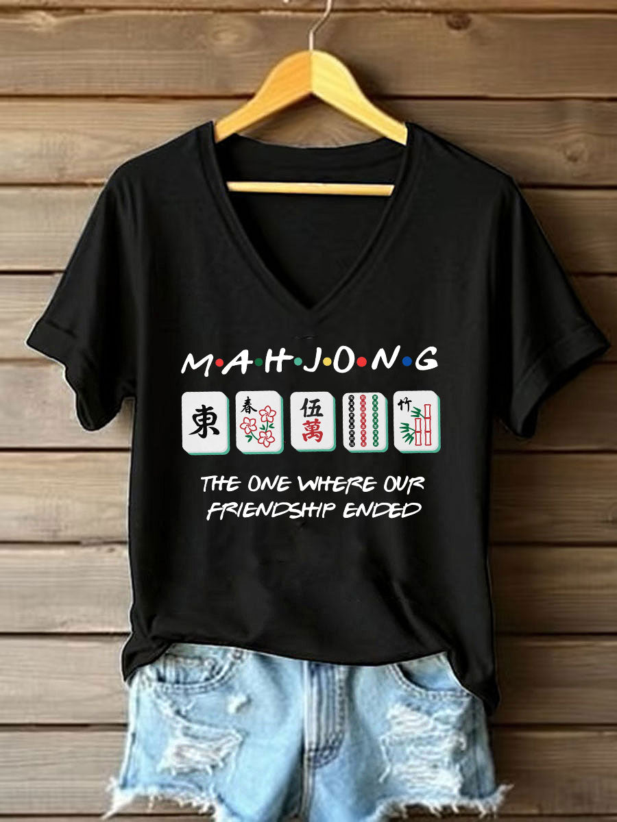 Frauen lustige Mahjong Print T-Shirt