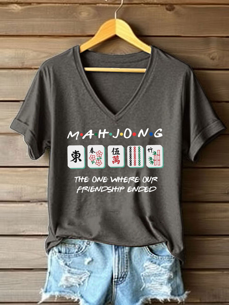 Frauen lustige Mahjong Print T-Shirt