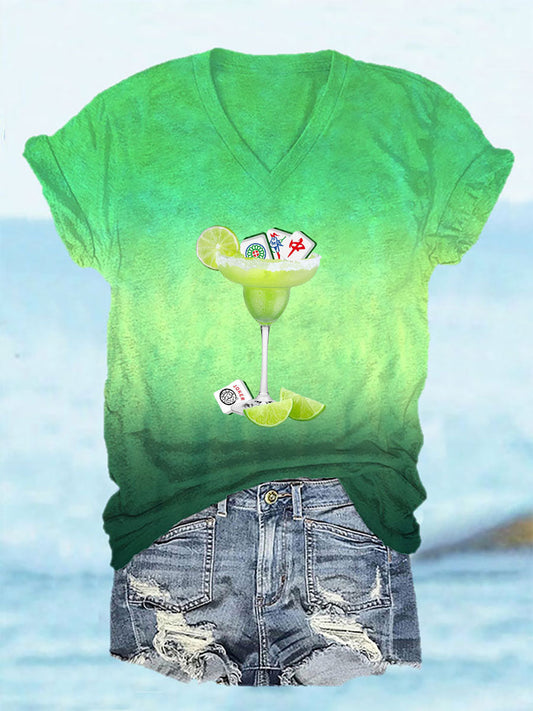 Frauen Lustiges Mahjong-Print V-Ausschnitt T-Shirt