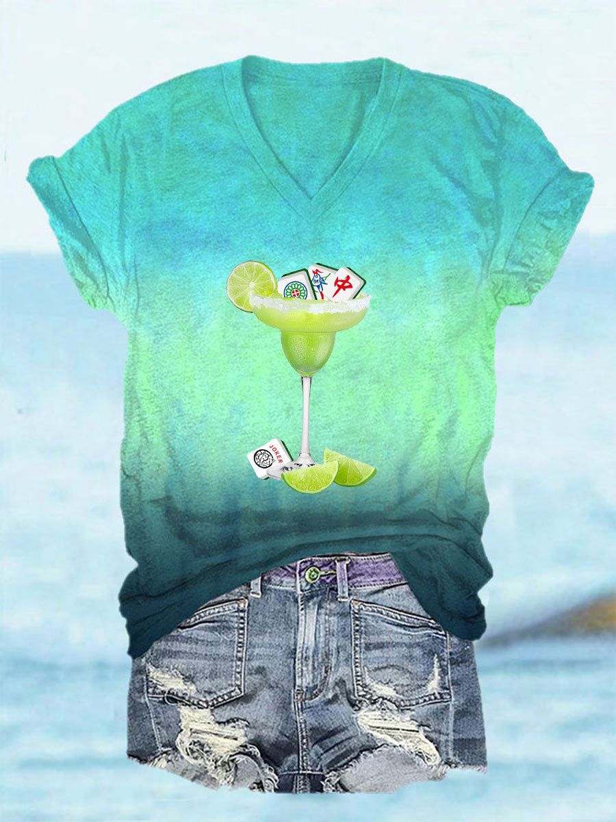Frauen Lustiges Mahjong-Print V-Ausschnitt T-Shirt