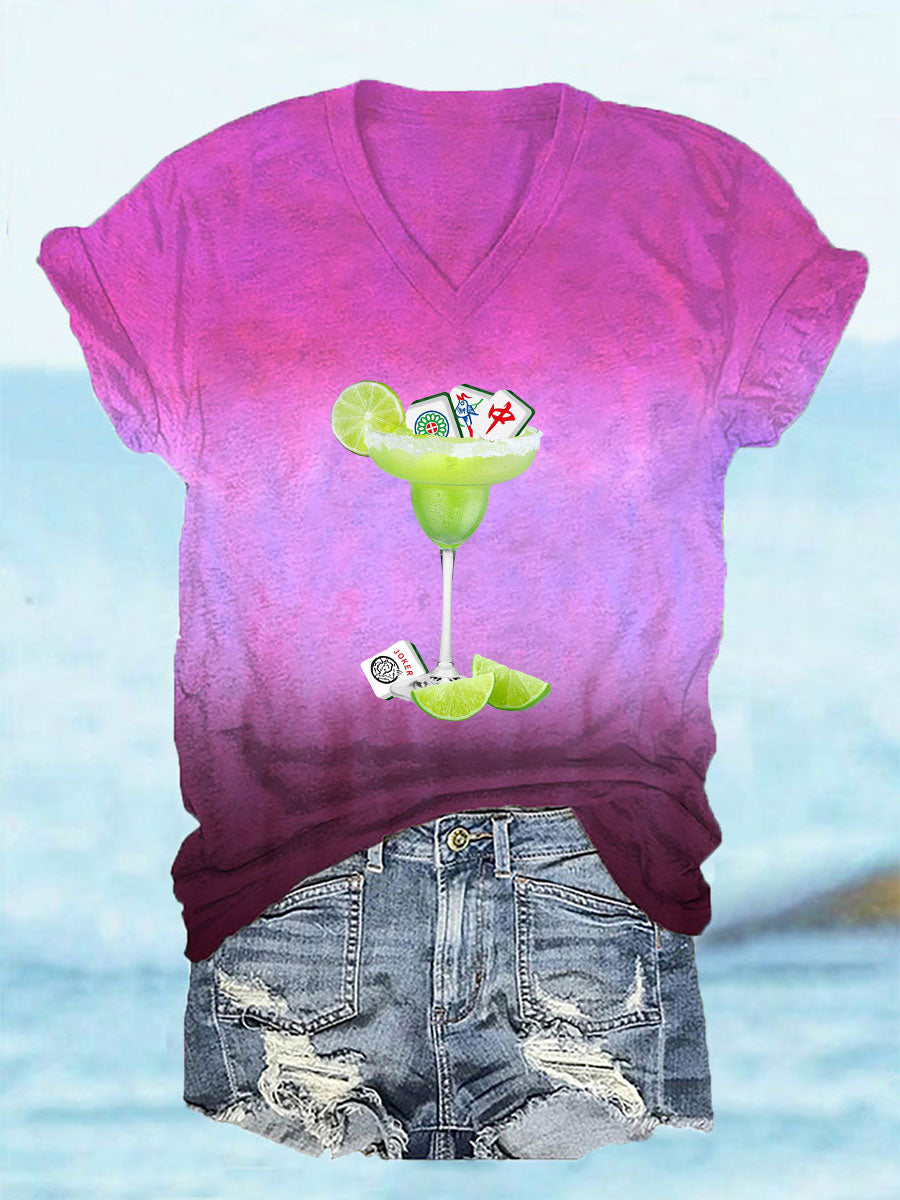 Frauen Lustiges Mahjong-Print V-Ausschnitt T-Shirt