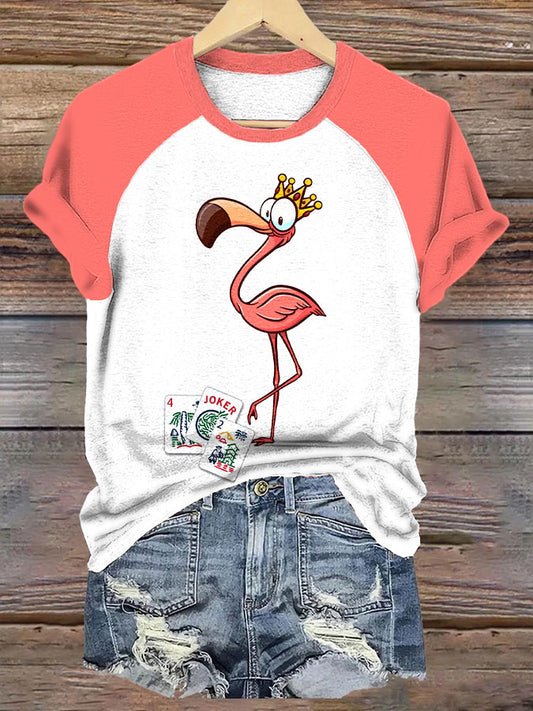 Damen Flamingo Mahjong Print Casual T-Shirt