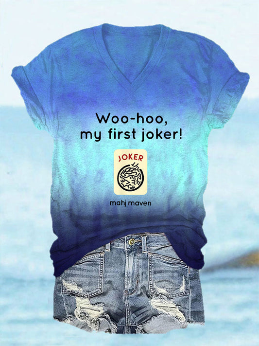 Frauen Woo-Hoo ma erster Joker Mahjong T-Shirt mit V-Ausschnitt