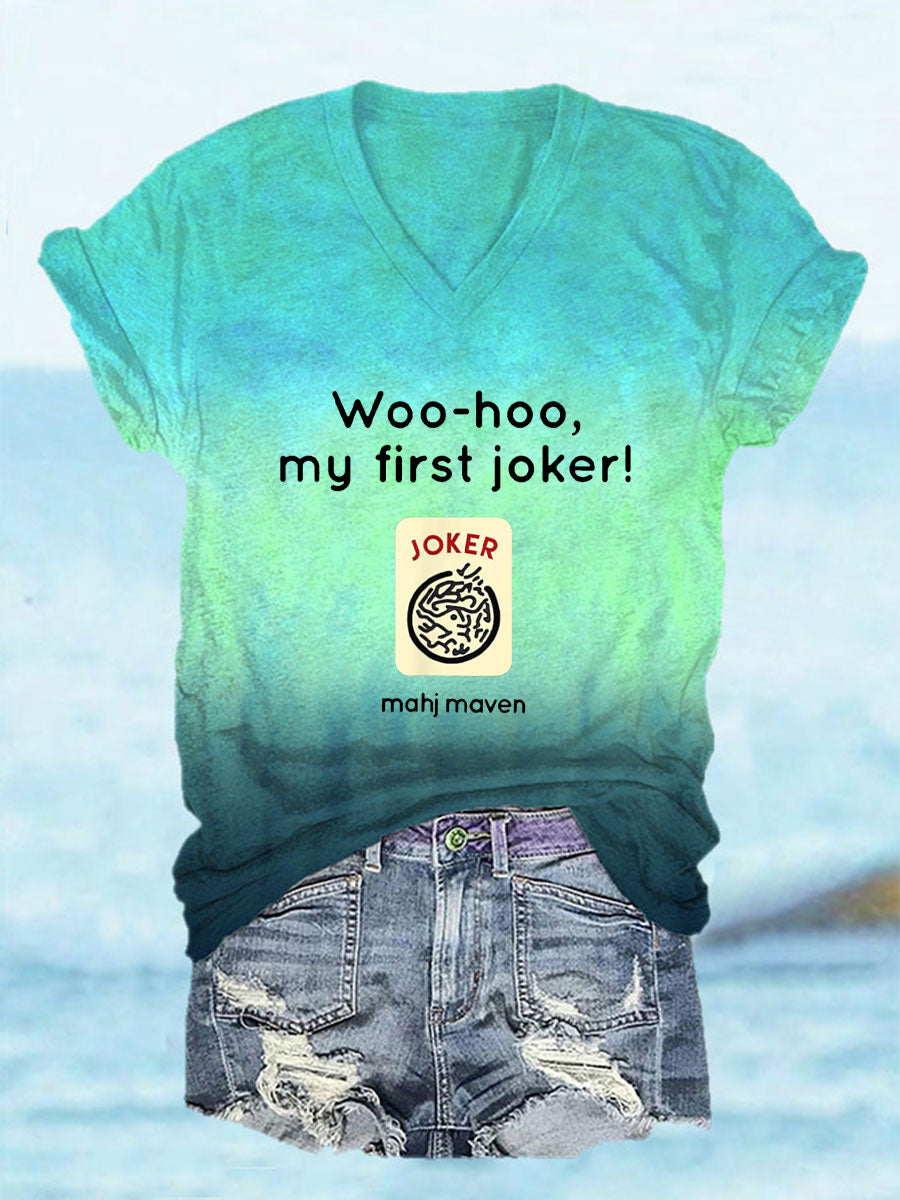 Frauen Woo-Hoo ma erster Joker Mahjong T-Shirt mit V-Ausschnitt