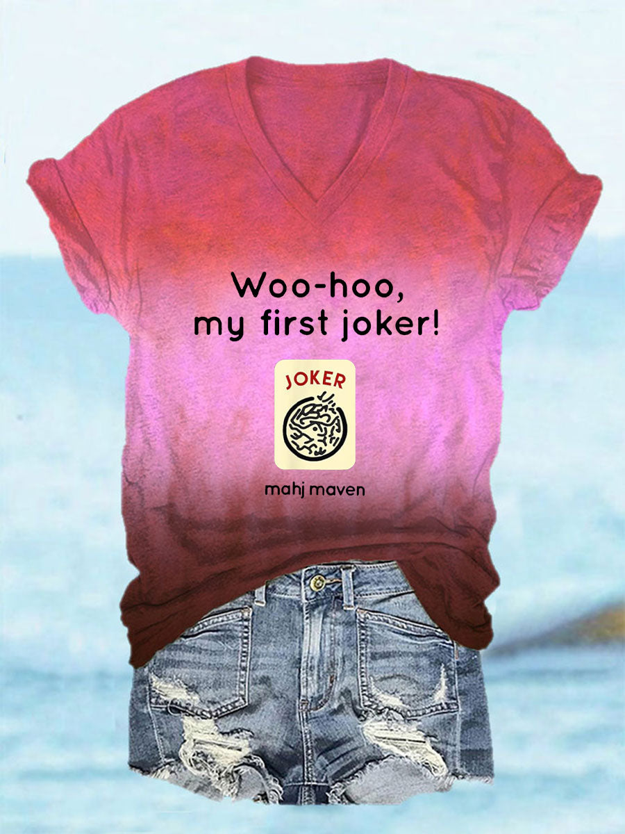 Frauen Woo-Hoo ma erster Joker Mahjong T-Shirt mit V-Ausschnitt