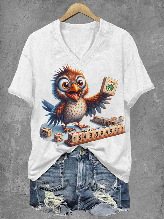 Frauen Lustiges Tier Mahjong Print V-Ausschnitt T-Shirt