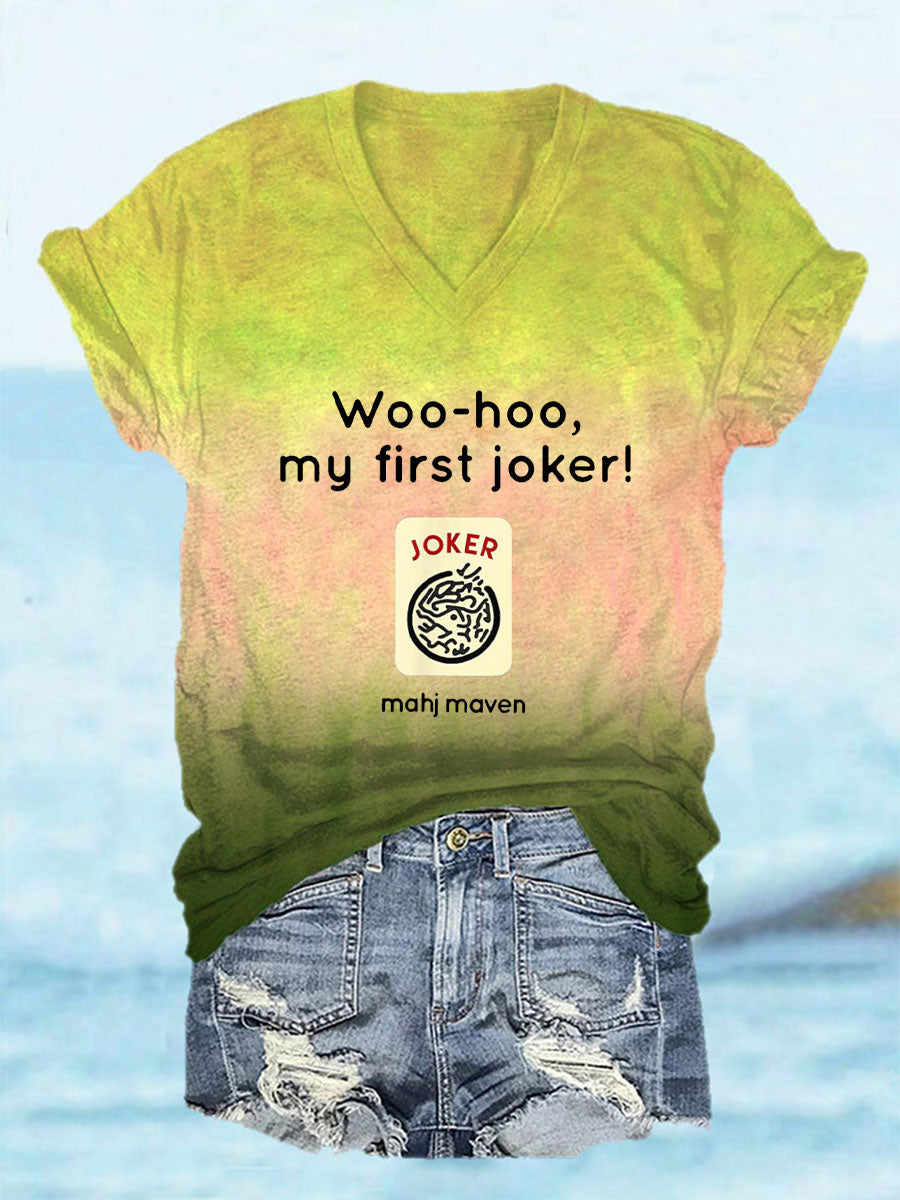 Frauen Woo-Hoo ma erster Joker Mahjong T-Shirt mit V-Ausschnitt