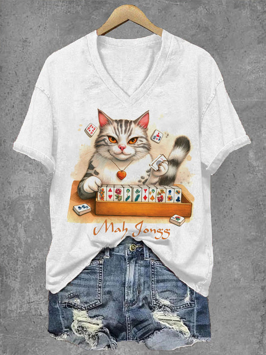 Frauen lustige Katze Mahjong Print V-Ausschnitt T-Shirt