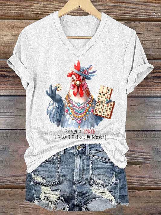 Frauen Lustiges Mahjong bedrucktes lässiges T-Shirt