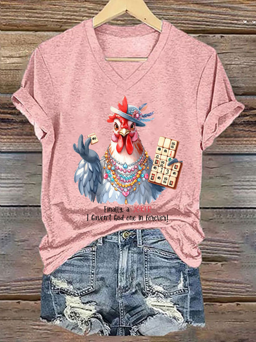 Frauen Lustiges Mahjong bedrucktes lässiges T-Shirt