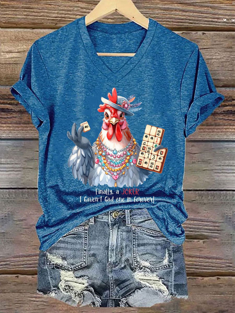 Frauen Lustiges Mahjong bedrucktes lässiges T-Shirt