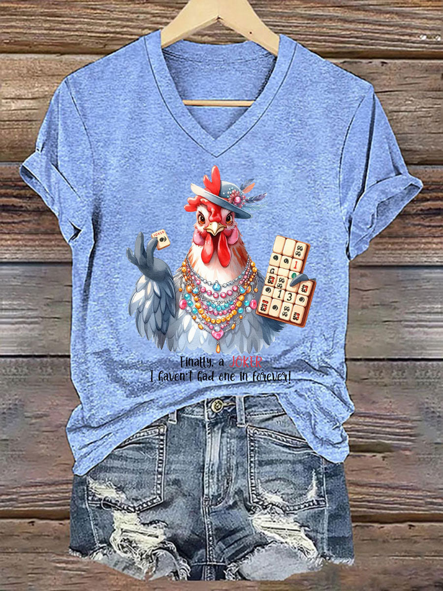 Frauen Lustiges Mahjong bedrucktes lässiges T-Shirt