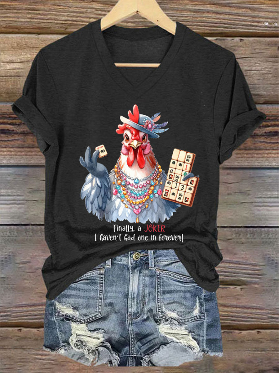 Frauen Lustiges Mahjong bedrucktes lässiges T-Shirt