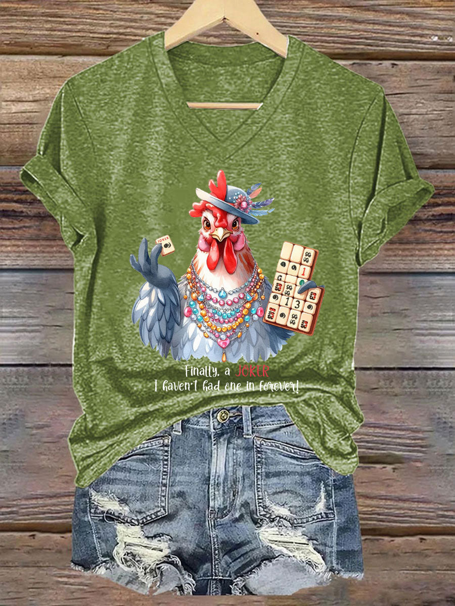 Frauen Lustiges Mahjong bedrucktes lässiges T-Shirt