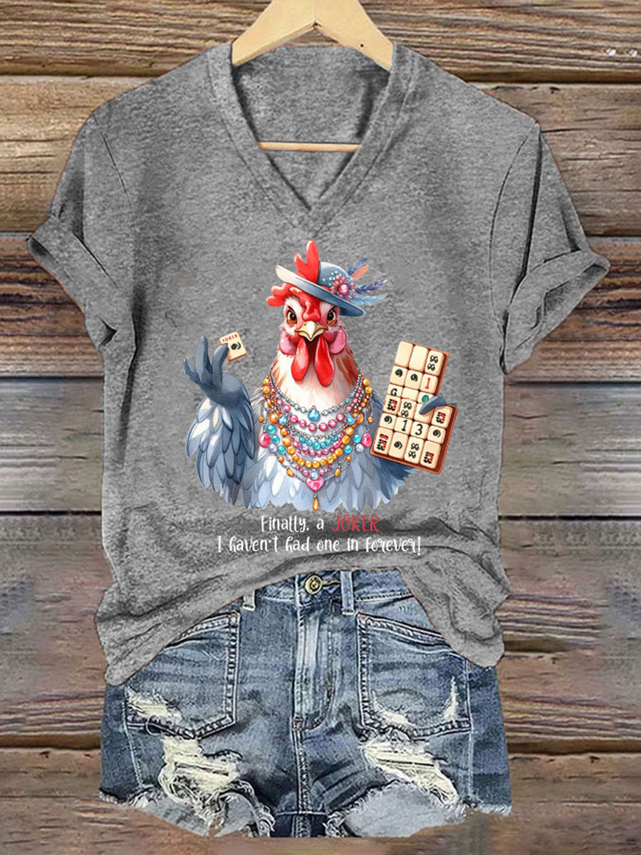 Frauen Lustiges Mahjong bedrucktes lässiges T-Shirt