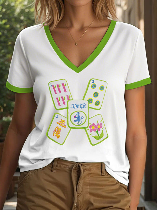 Frauen Lustiges Mahjong bedrucktes lässiges T-Shirt