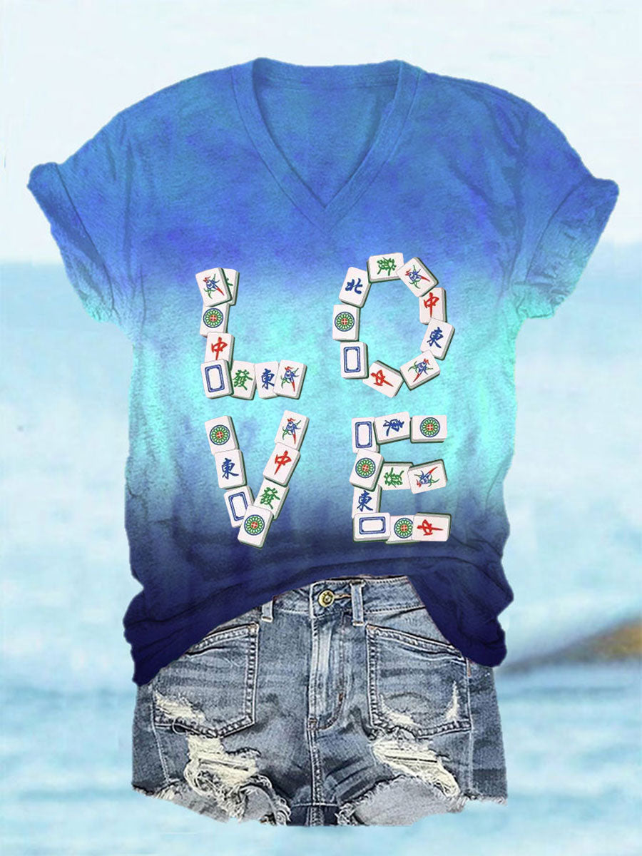 Frauen Liebe Mahjong T-Shirt mit V-Ausschnitt