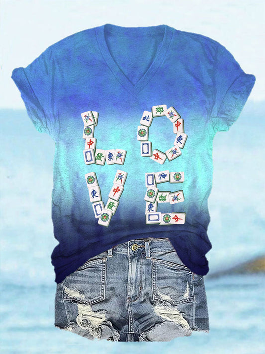 Frauen Liebe Mahjong T-Shirt mit V-Ausschnitt