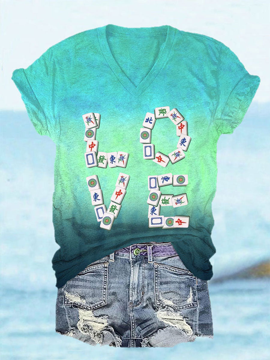 Frauen Liebe Mahjong T-Shirt mit V-Ausschnitt