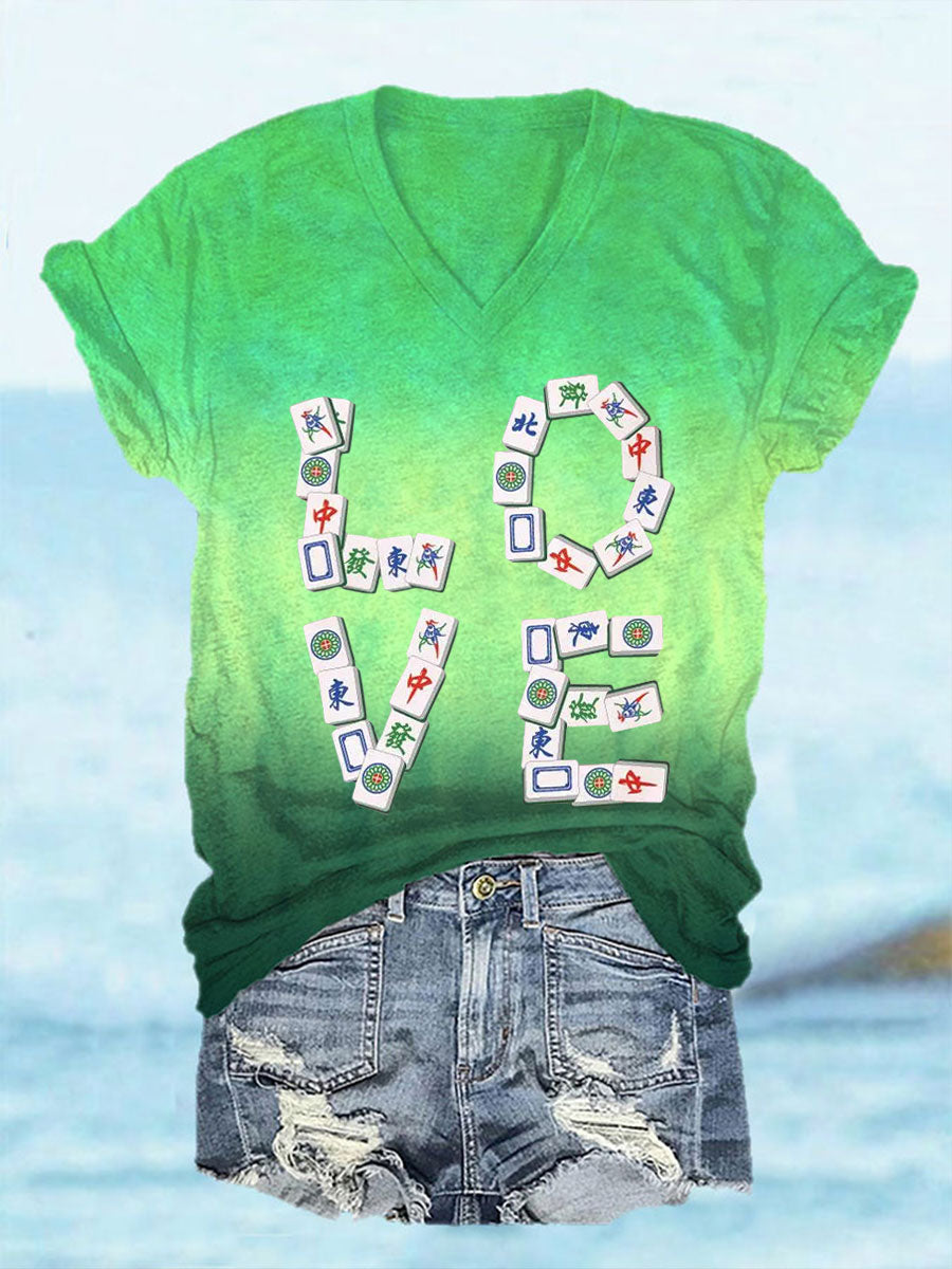 Frauen Liebe Mahjong T-Shirt mit V-Ausschnitt