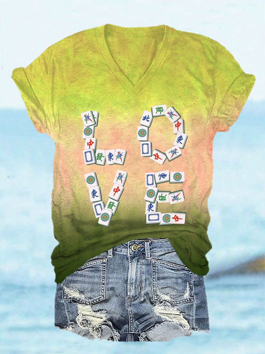 Frauen Liebe Mahjong T-Shirt mit V-Ausschnitt
