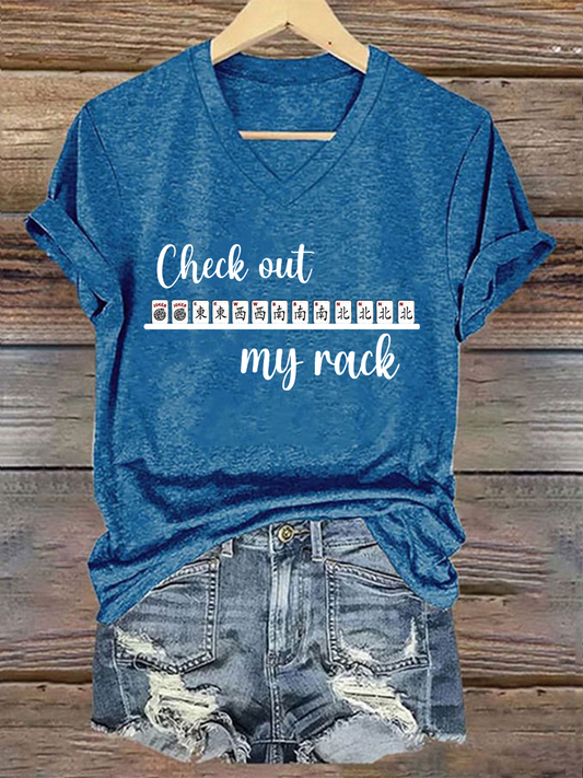 Frauen Mahjong Print V-Ausschnitt T-Shirt