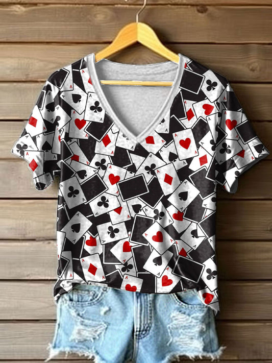 Frauen Poker Karten Kunstdruck V-Ausschnitt T-Shirt