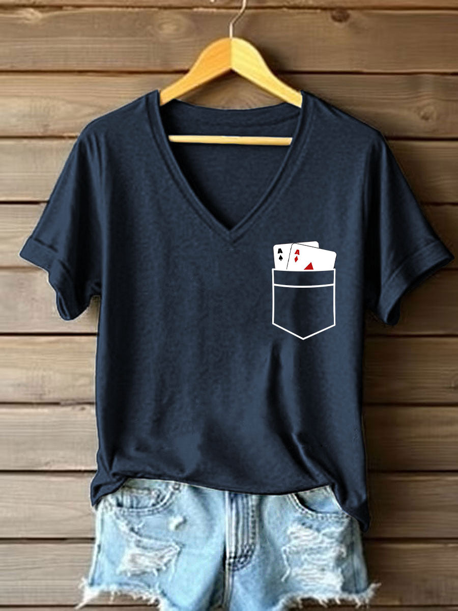 Frauen Poker Karten Kunstdruck V-Ausschnitt T-Shirt