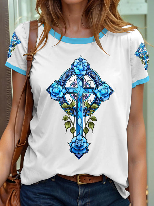 Frauen Buntglas Blumen Kreuz druck T-Shirt