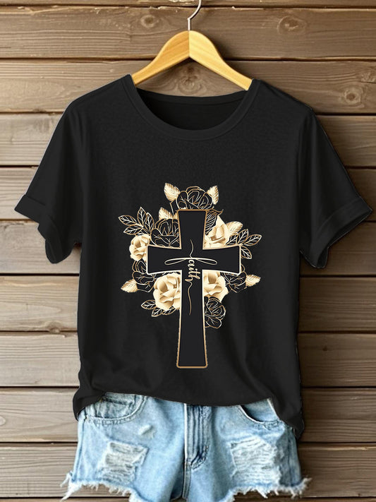 Frauen Glauben Kreuz Blumen Kurzarm T-Shirt