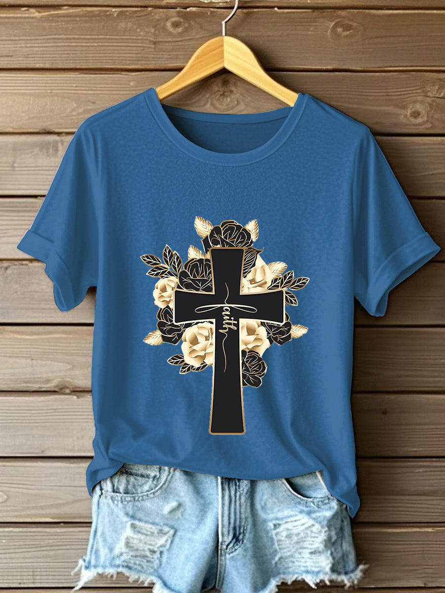 Frauen Glauben Kreuz Blumen Kurzarm T-Shirt