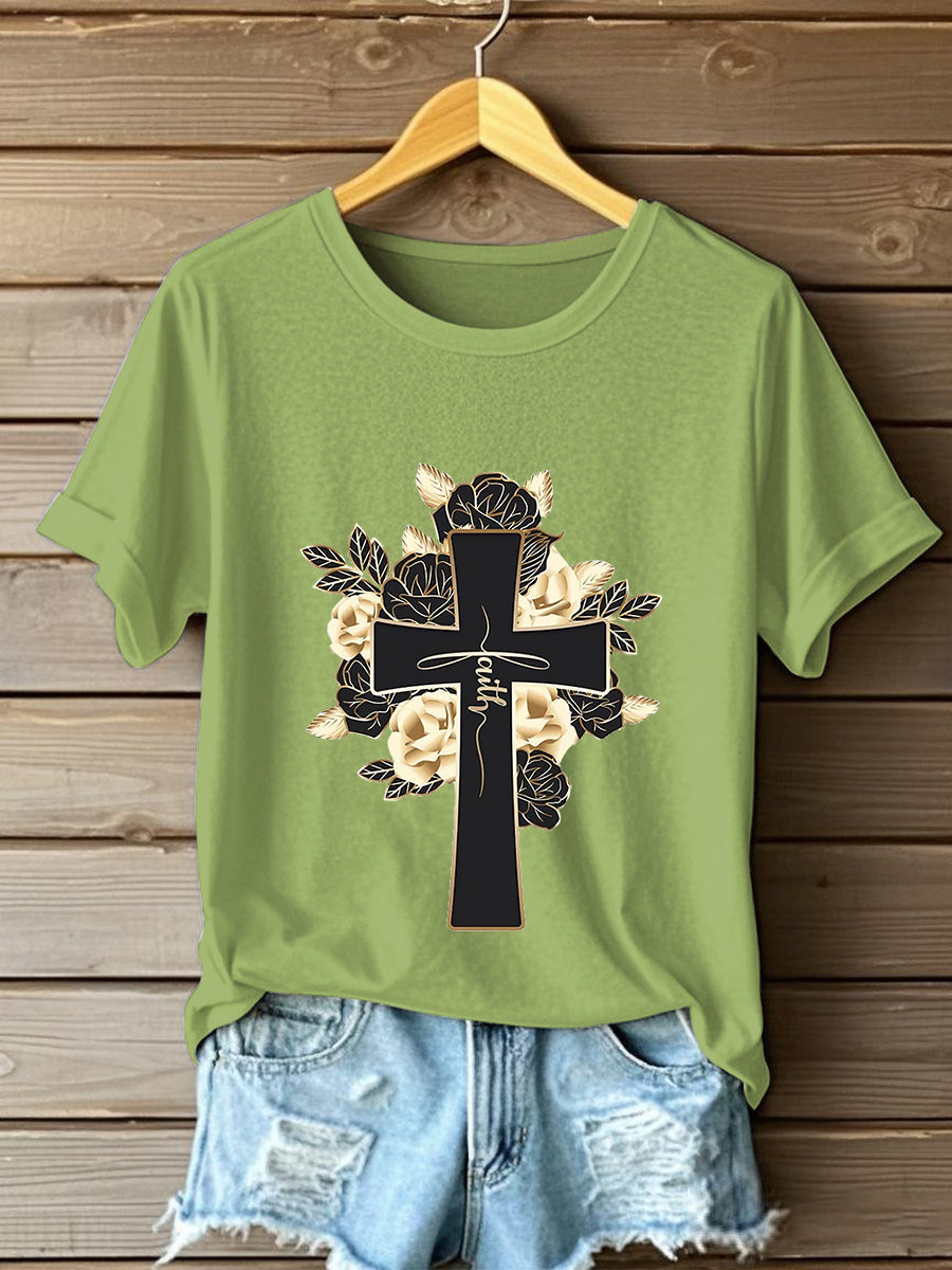 Frauen Glauben Kreuz Blumen Kurzarm T-Shirt