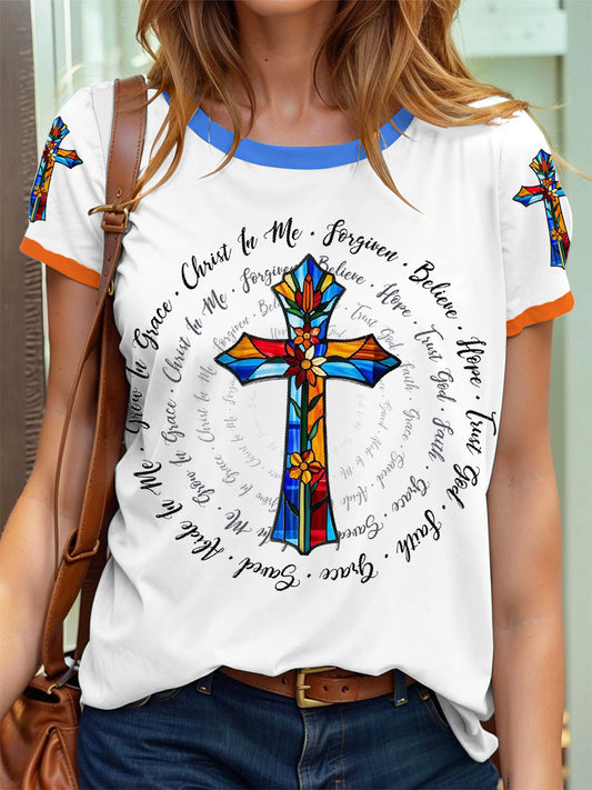 Frauen Buntglas Blumen Kreuz druck T-Shirt