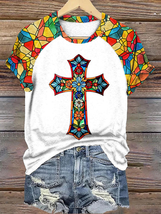 Frauen Buntglas Blumen Kreuz druck T-Shirt