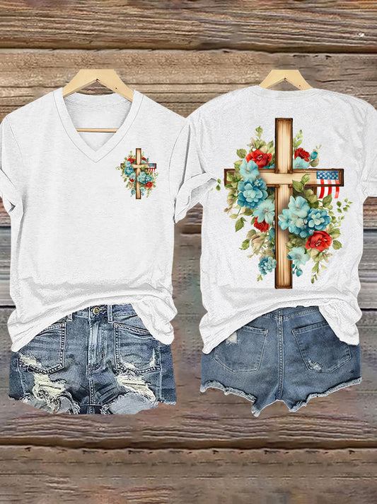 Frauen buntes Blumen glauben Kreuz druck T-Shirt