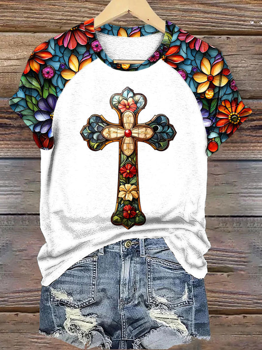 Frauen Buntglas Blumen Kreuz druck T-Shirt