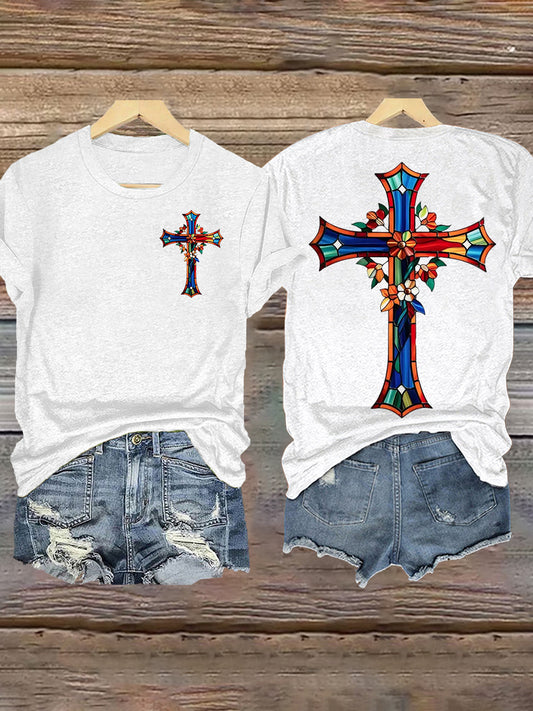 Frauen Buntglas Blumen Kreuz druck T-Shirt