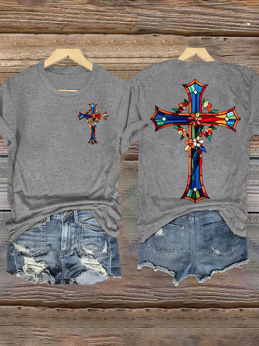 Frauen Buntglas Blumen Kreuz druck T-Shirt