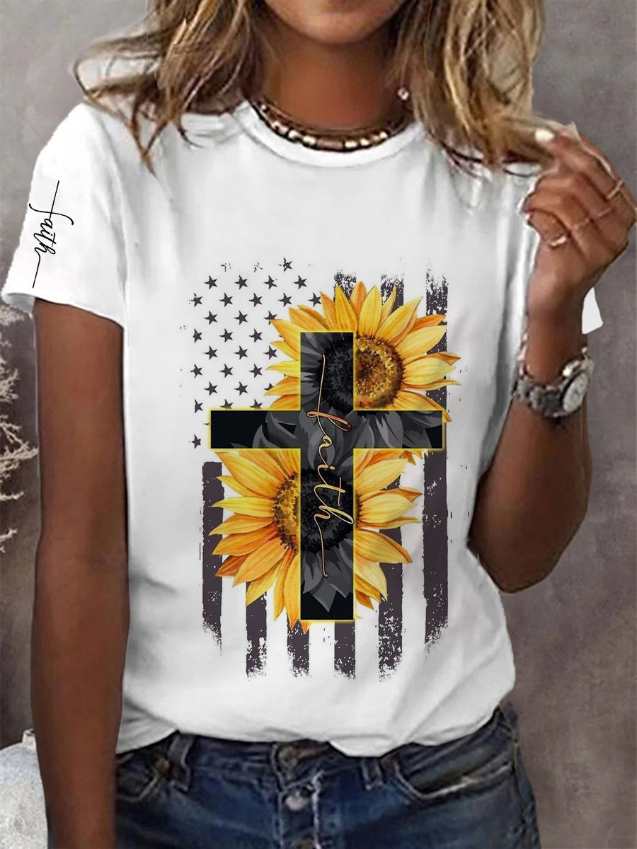 Frauen Glauben Kreuz Blumen Kurzarm T-Shirt